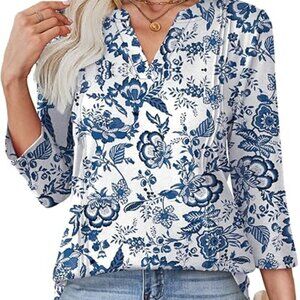 Womens Tops 3/4 Length Sleeve V Neck Shirts Dressy Casual Pleated Blouses